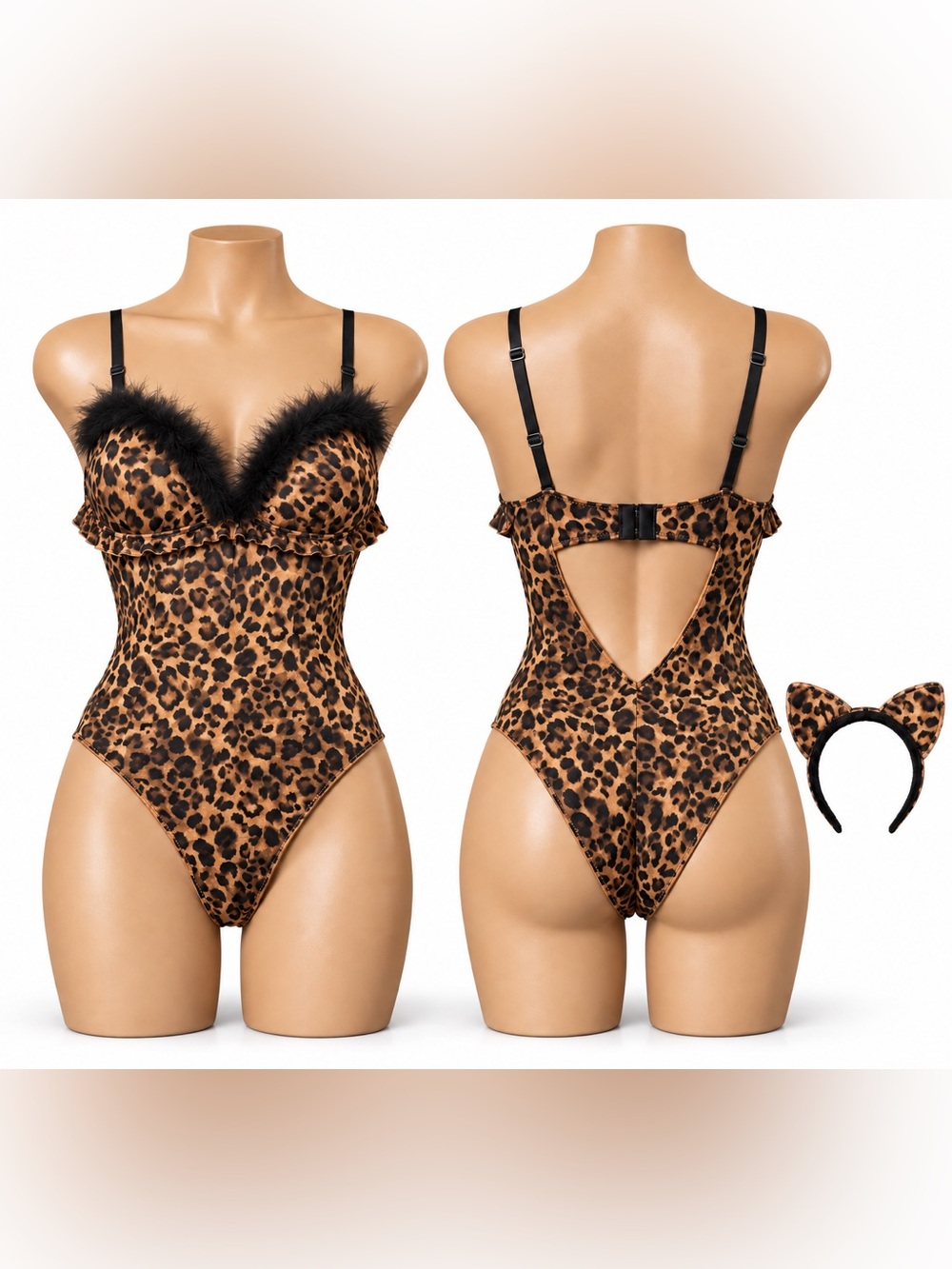 NWT French Affair Leopard Bodysuit Costume with Ears | L